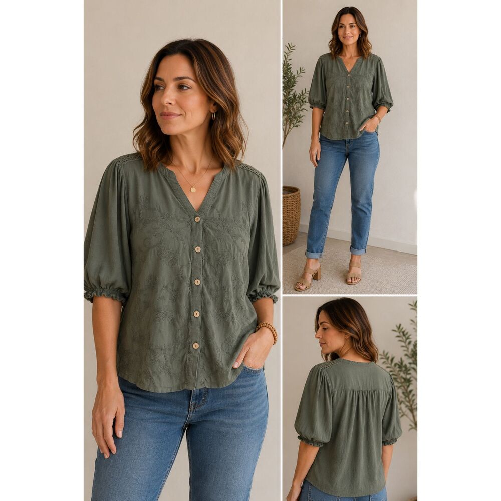 Democracy Olive Green Embroidered Blouse Size XL Button Front Boho Top